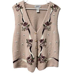 Vintage 90s Koret mauve pink floral embroidered knit sweater vest cardigan L‎